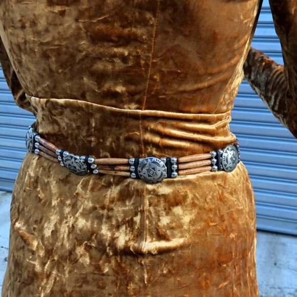 Vintage Boho Antiqued Silver Black Buckle Beaded Leather Belt - Picture 7 of 8